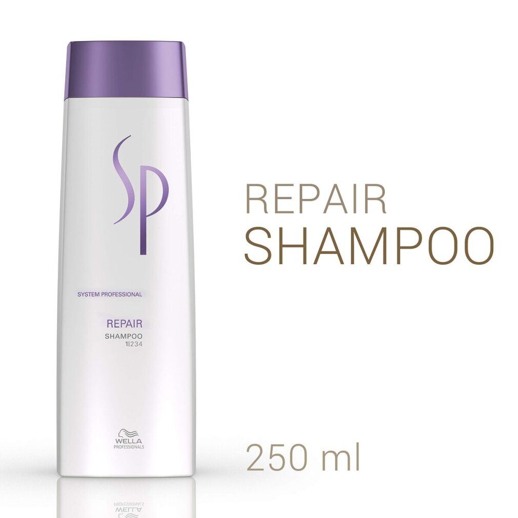 Weißes Shampoo mit lila Deckel. Aufschrift: SP, Repair Shampoo, 250 ml. Flasche steht.