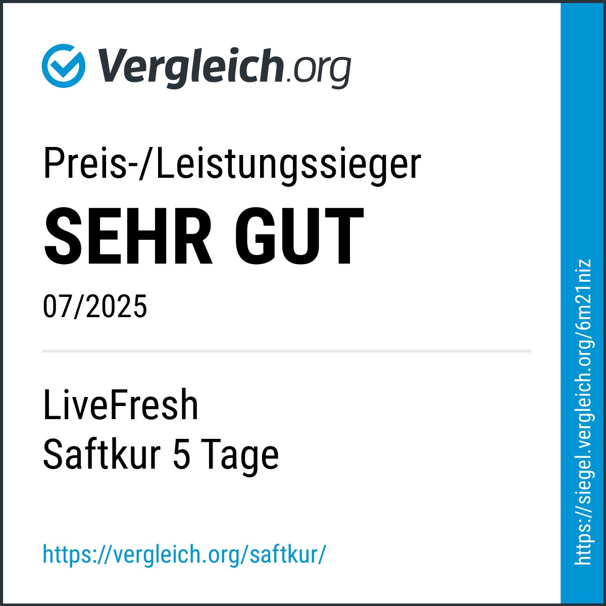 Ein weißes Etikett mit dem Logo von Vergleich.org und dem Text 'SEHR GUT'.