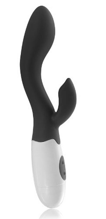 Schwarzer und weißer Silikon-Vibrator mit geschwungener Form und zwei Knöpfen. Der Griff ist weiß, der Rest schwarz.