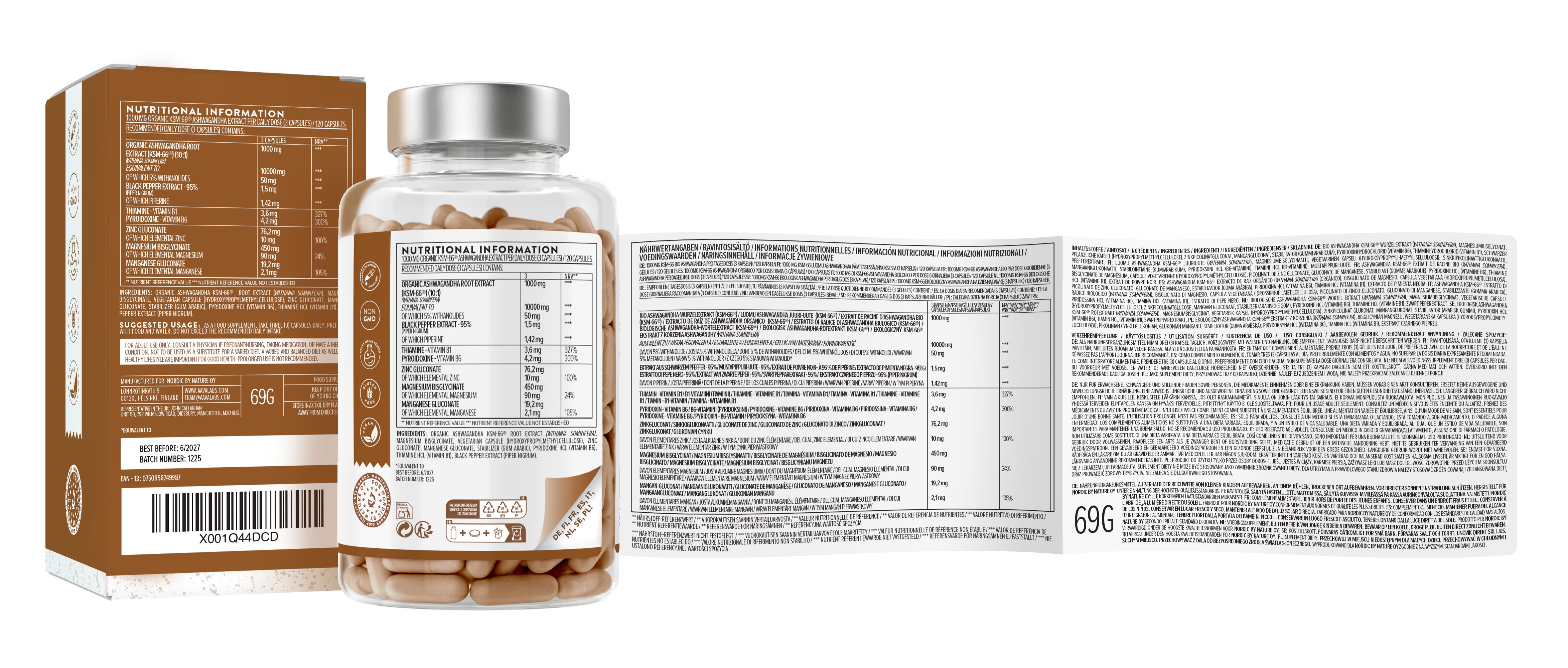 Scatola marrone, flacone di capsule e foglietto illustrativo. Scritta: Aavalabs. Informazioni su ingredienti e uso.