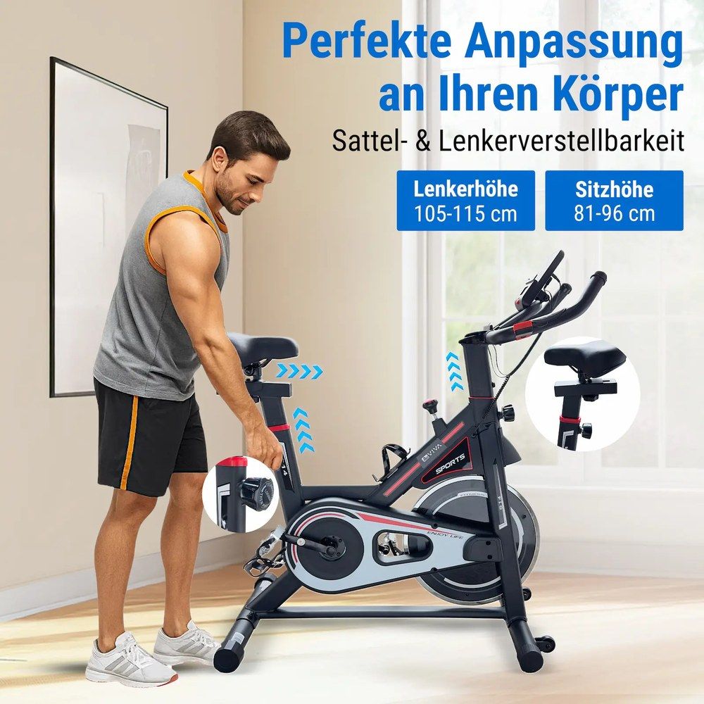AsVIVA Indoor Cycle S14: Mann verstellt Sattelhöhe (81-96cm), Lenkerhöhe (105-115cm).