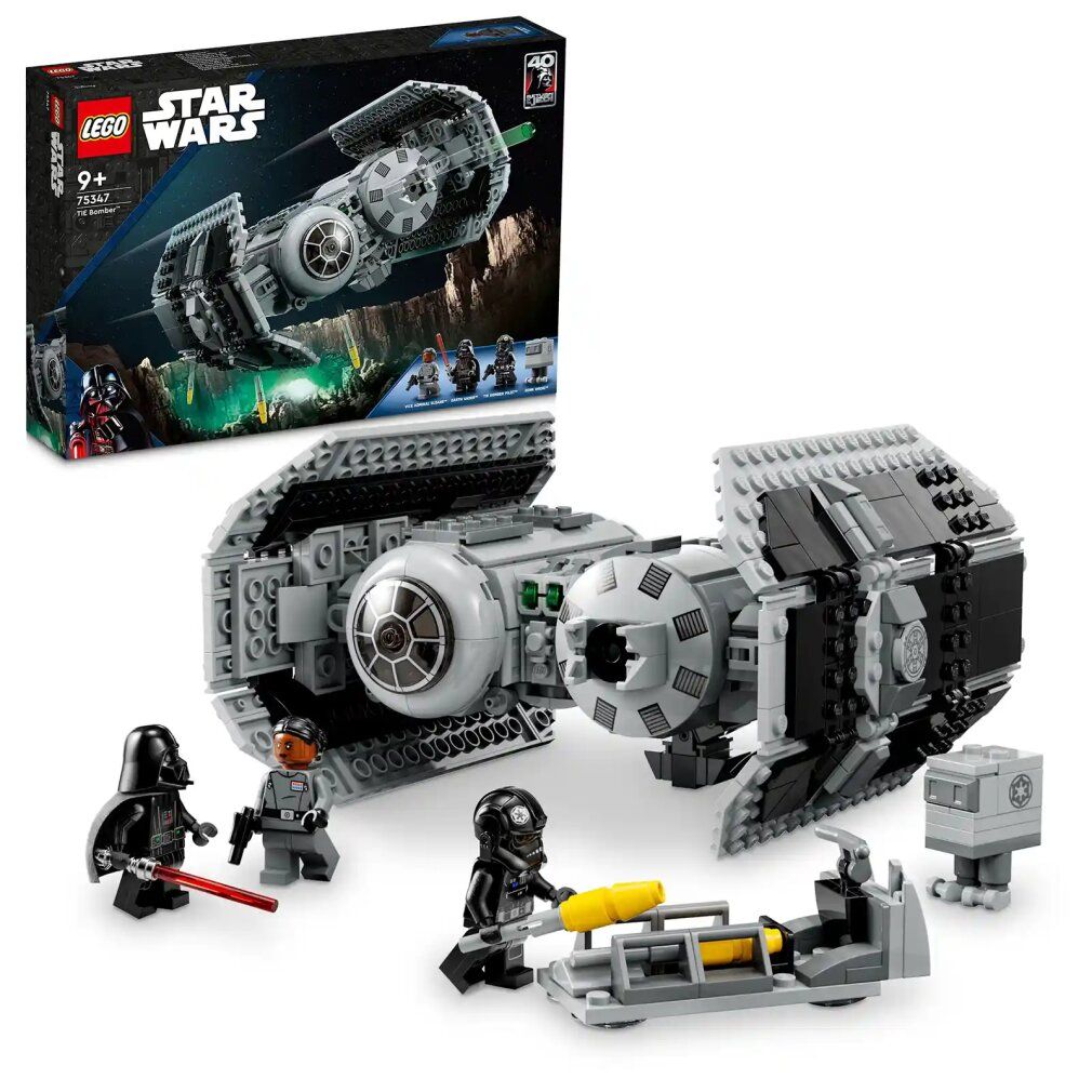 LEGO Star Wars 75347 TIE Bomber. Graues Raumschiff-Modell und Minifiguren. Verpackung im Hintergrund. Altersempfehlung: 9+.