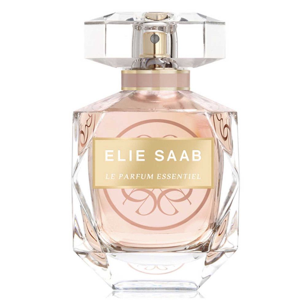 Parfumflasche. Aufschrift: Elie Saab, Le Parfum Essentiel. Transparente Flasche mit Kristallverschluss und rosafarbenem Inhalt.