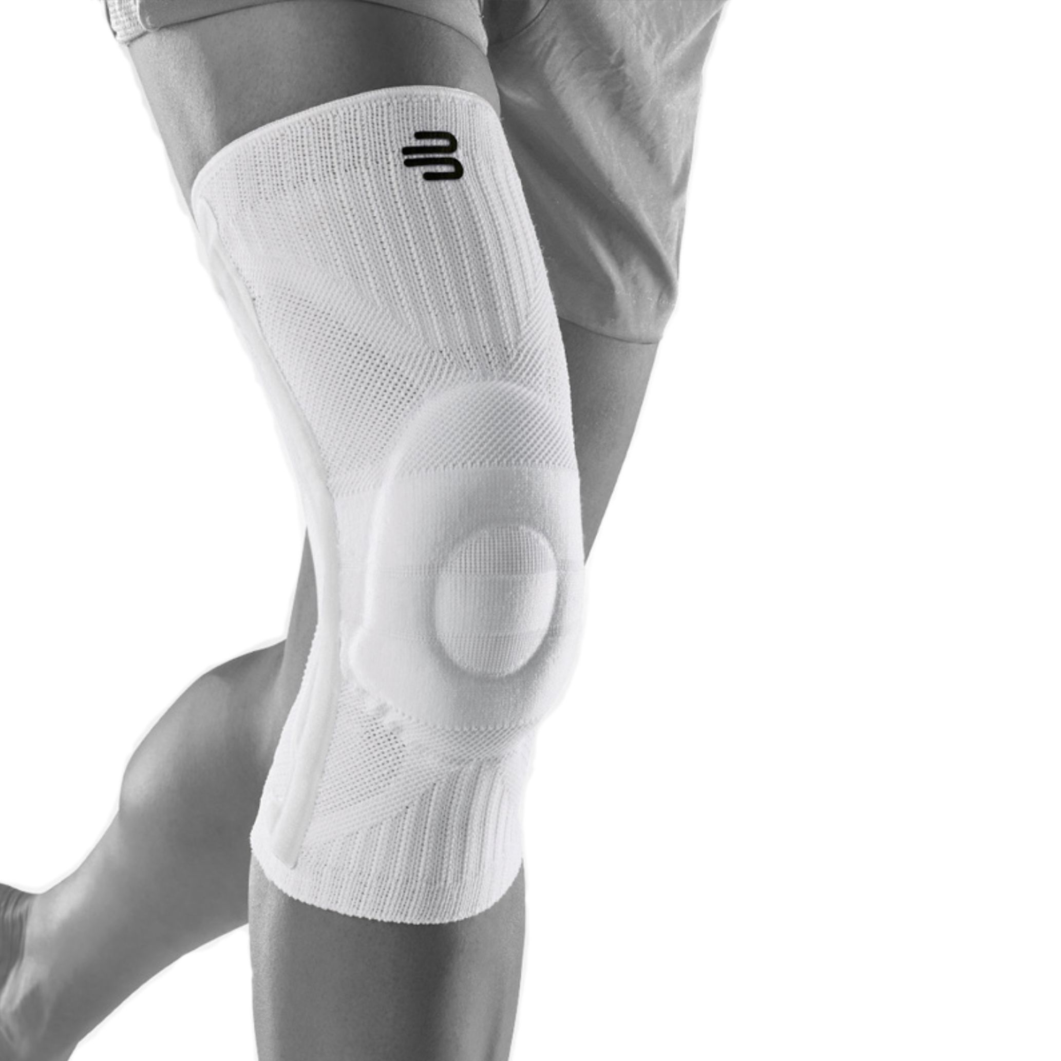 Kniebandage, weiß. Mit Logo. Anatomische Form, verstärktes Material um die Kniescheibe. Für das linke Bein.
