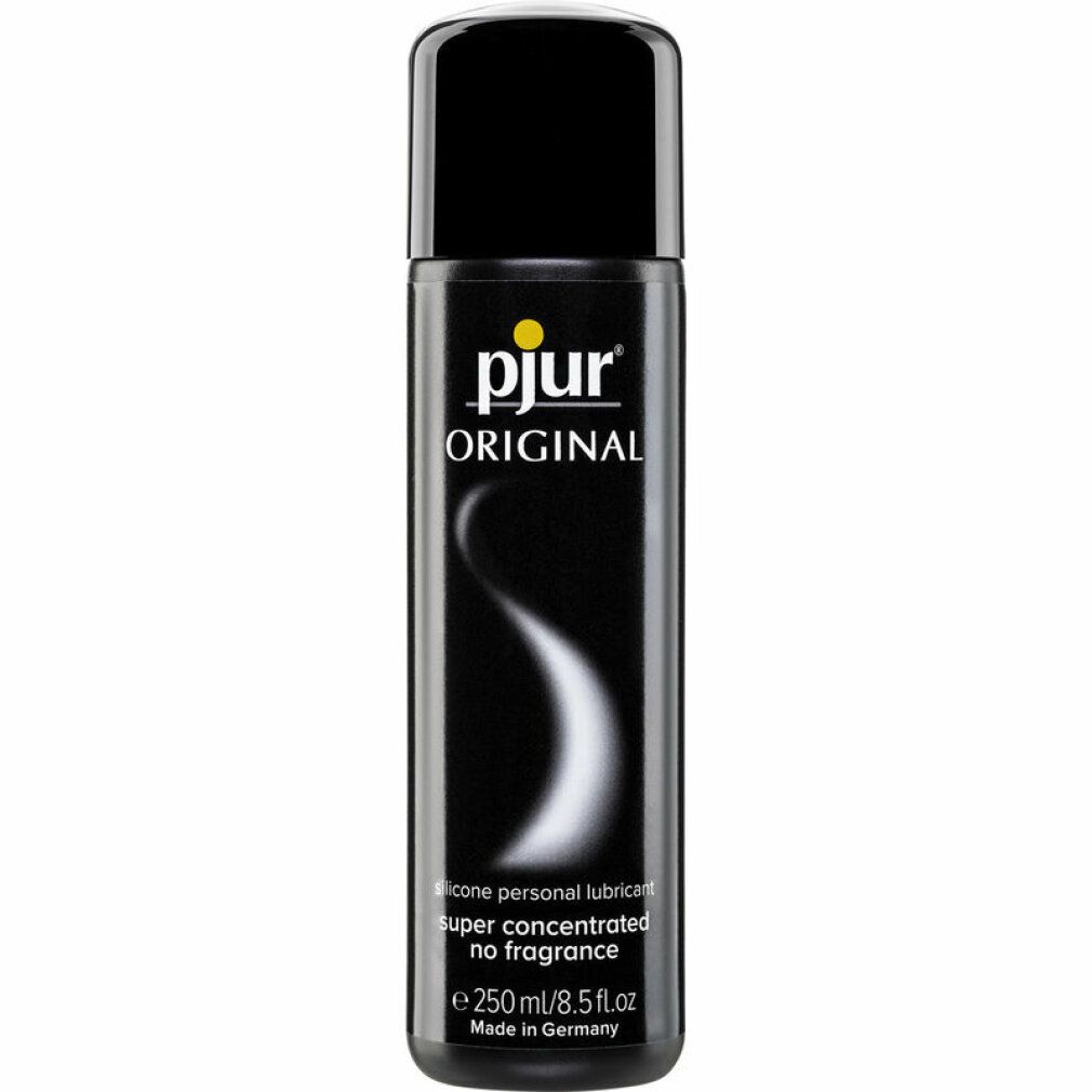 Schwarze Flasche mit gelbem Etikett. Aufschrift: pjur ORIGINAL, SILICONE-BASED PERSONAL LUBRICANT, super concentrated no fragrance, 250ml/8.5 fl.oz. Made in Germany.