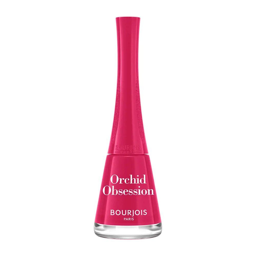 Pinkfarbener Nagellack mit einem geschwungenen, pinkfarbenen Deckel. Text: "Orchid Obsession" und "Bourjois Paris".