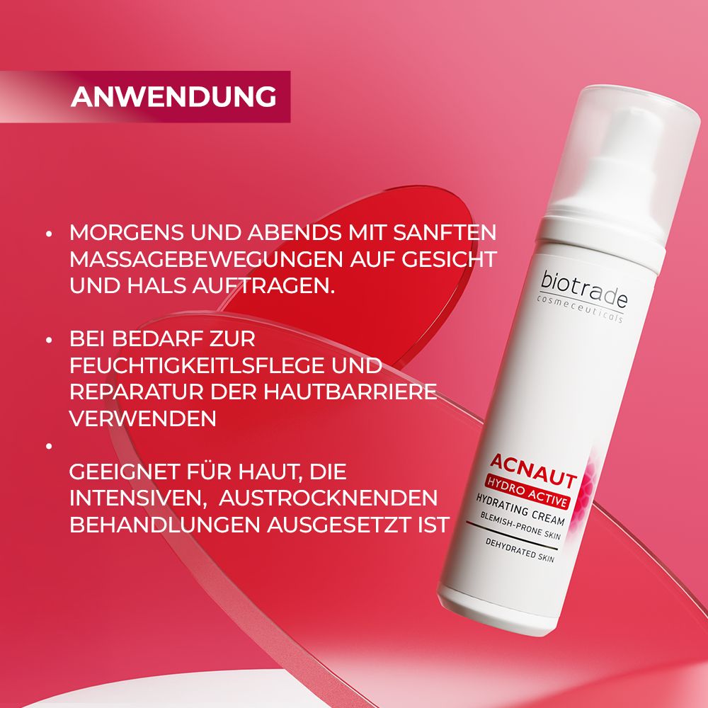Weißer Spender mit roter Schrift. Text: Biotrade, Acnaut Hydro Active, Hydrating Cream. Für unreine Haut.