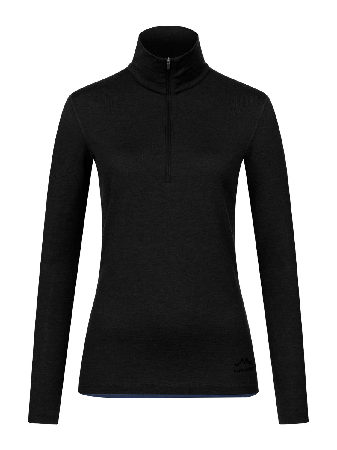 Schwarzer Damen-Merino-Pullover mit durchgehendem Reißverschluss und Stehkragen. Logo am Saum.