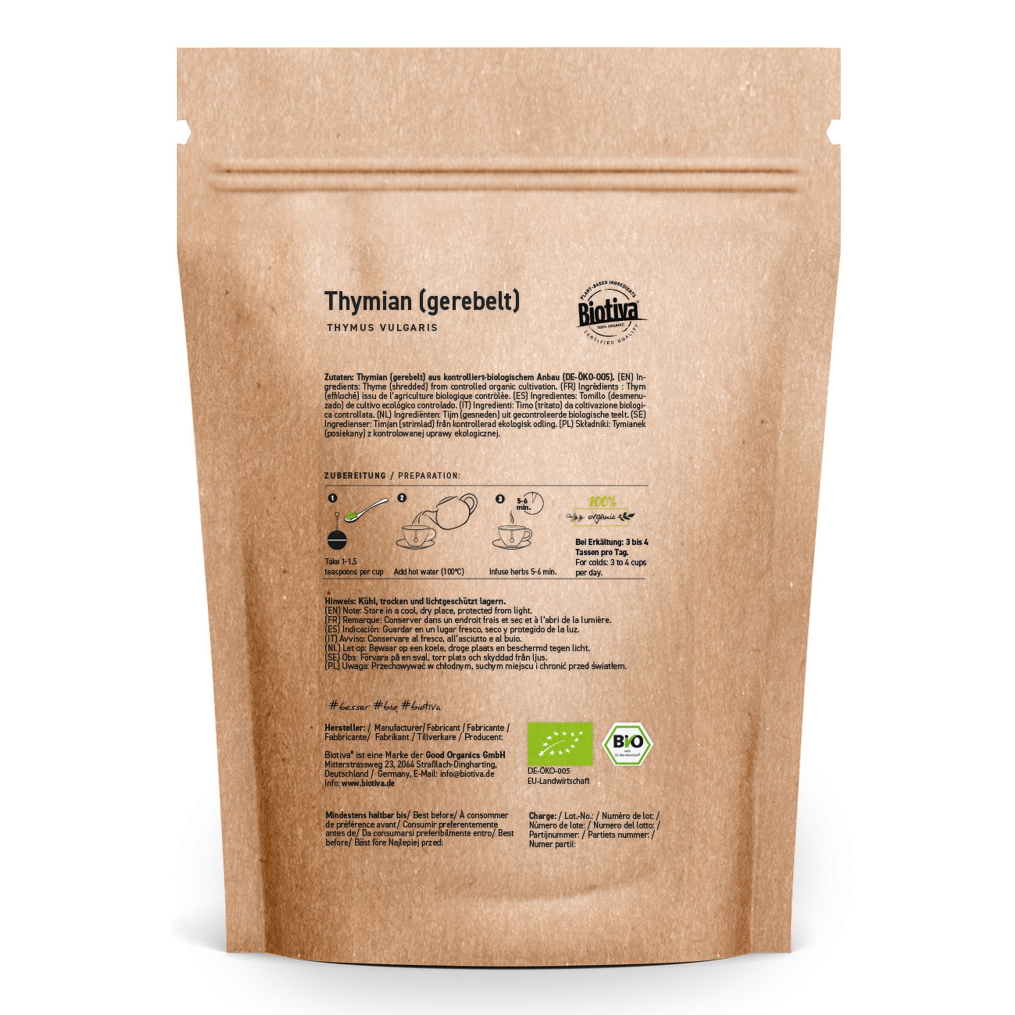 Rückseite der Thymian-Verpackung. Marke Biotiva, Bio-Siegel. Text: Thymian (gerebelt). Informationen und Zubereitung.