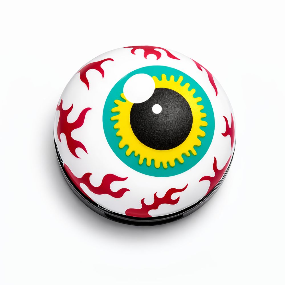 Runder, geschlossener Behälter mit Augapfel-Design: weiß, rot, gelb, grün und schwarz. Schwarzer Rand.