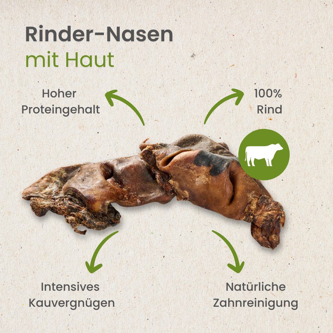 Rinder-Nasen mit Haut: 100% Rind, hoher Proteingehalt, natürliche Zahnreinigung.