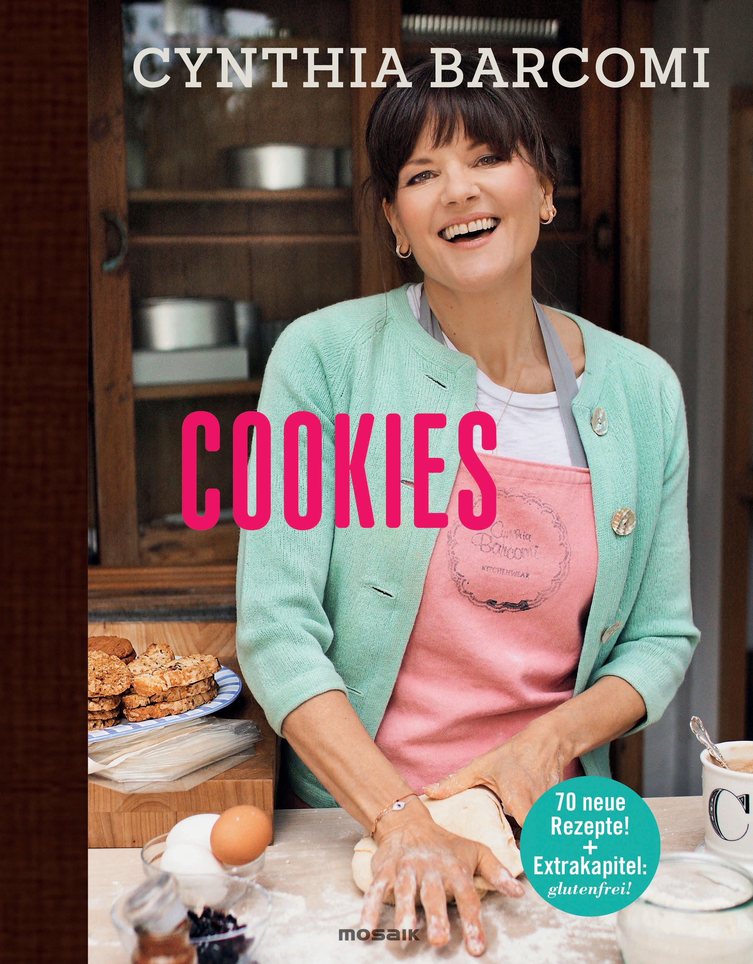 Kochbuch "Cookies" von Cynthia Barcomi. Frau am Tisch, knetet Teig. Aufschrift "Cookies". Auf dem Cover: 70 neue Rezepte, glutenfrei.