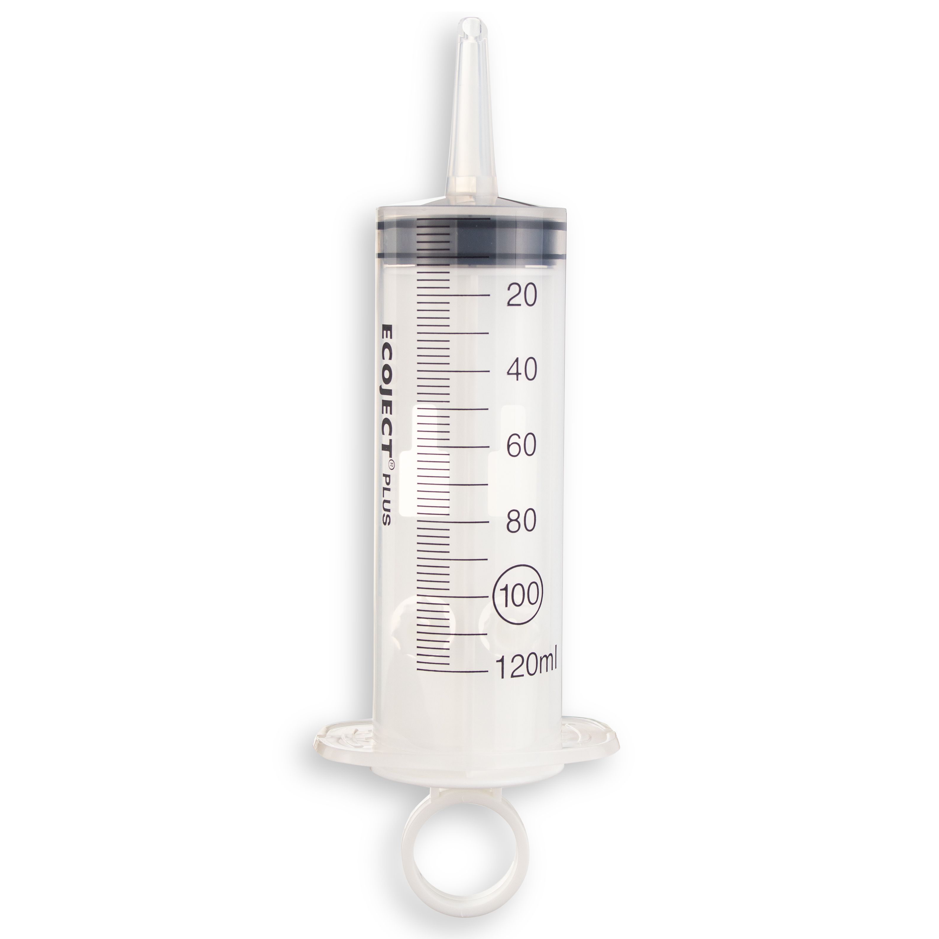 Transparente Spritze mit schwarzem Kolben. Aufschrift: ECOJECT Plus, Skala bis 120 ml.