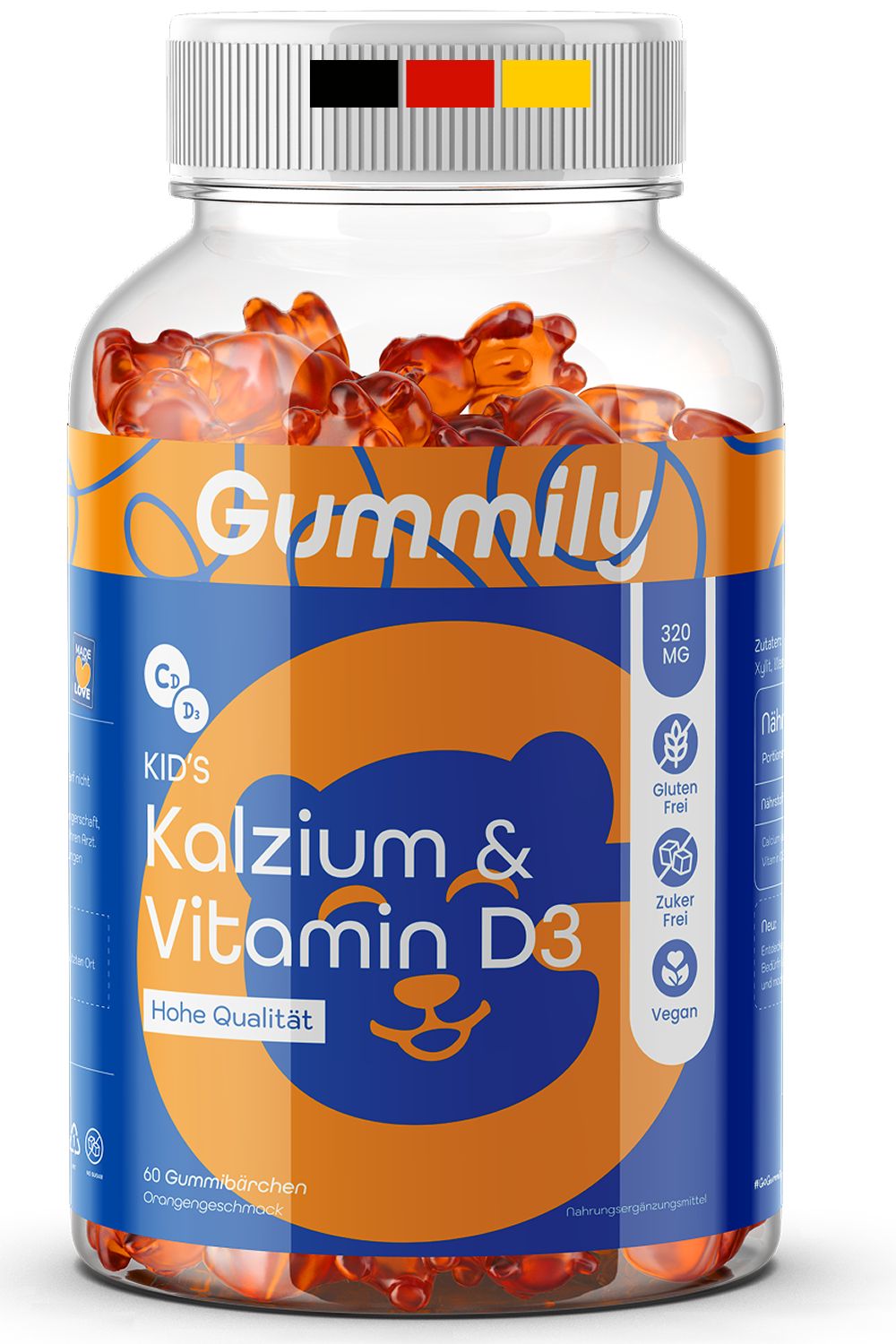 Klare Flasche mit Gummibärchen. Aufkleber mit "Gummily", "Kids Kalzium & Vitamin D3". 320 MG, glutenfrei, zuckerfrei, vegan.