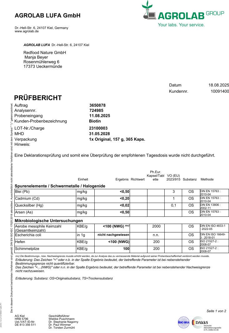 Prüfbericht von Agrolab LUFA GmbH für Biotin. Enthält Analyseergebnisse und Angaben zur Probe.