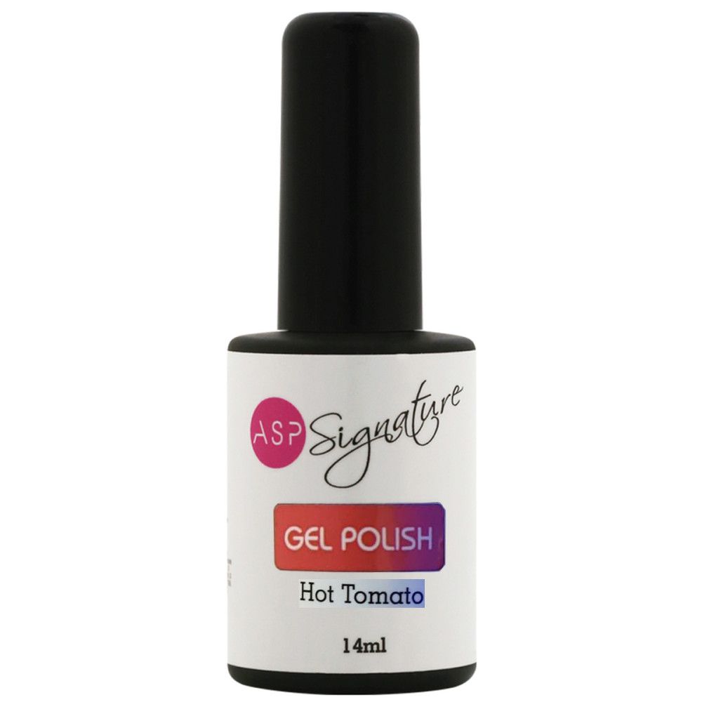 Nagellackflasche mit schwarzem Deckel. Auf dem Etikett steht "ASP Signature Gel Polish Hot Tomato 14ml".