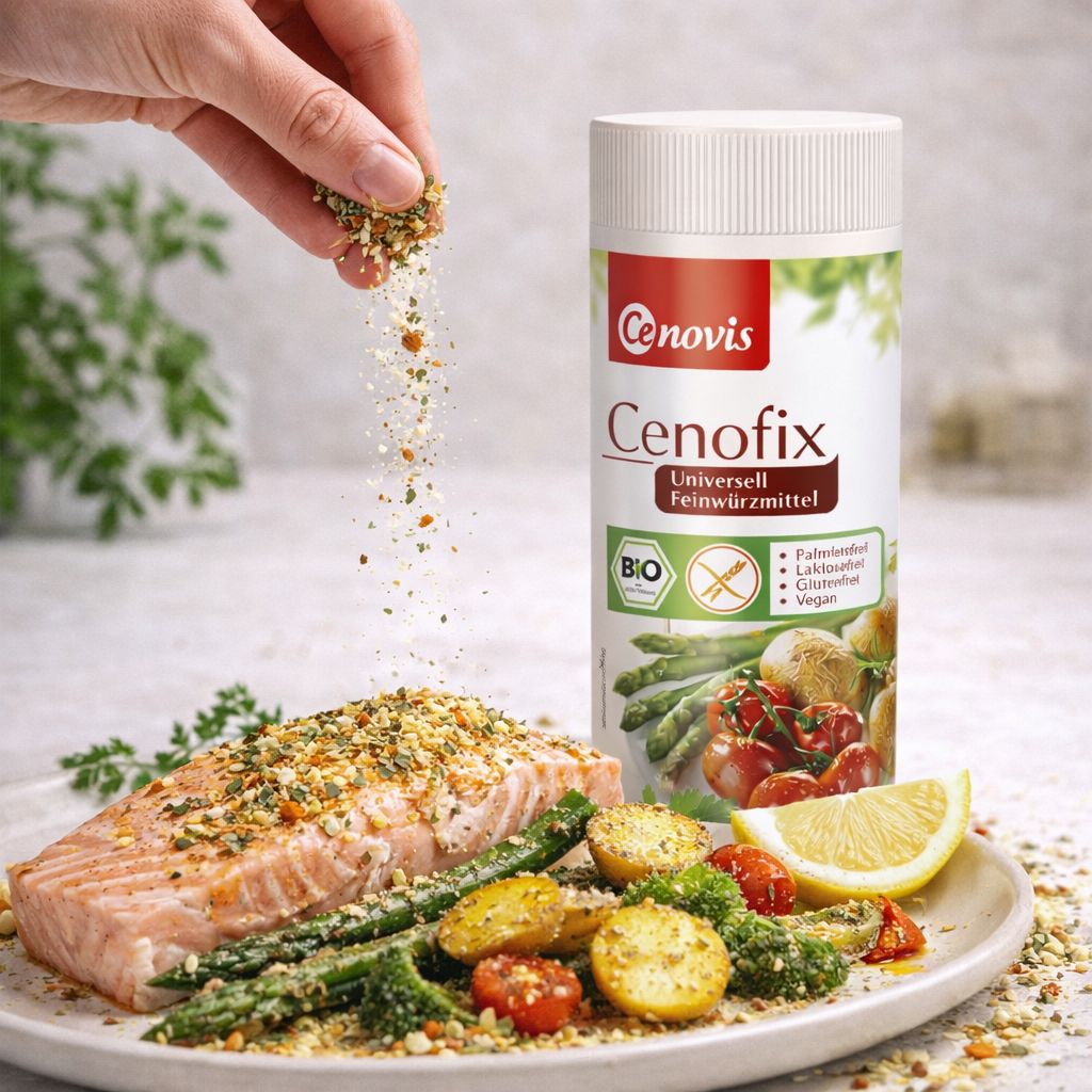 Cenovis Cenofix Feinwürzmittel Dose wird über ein Lachsfilet mit Gemüse gestreut.