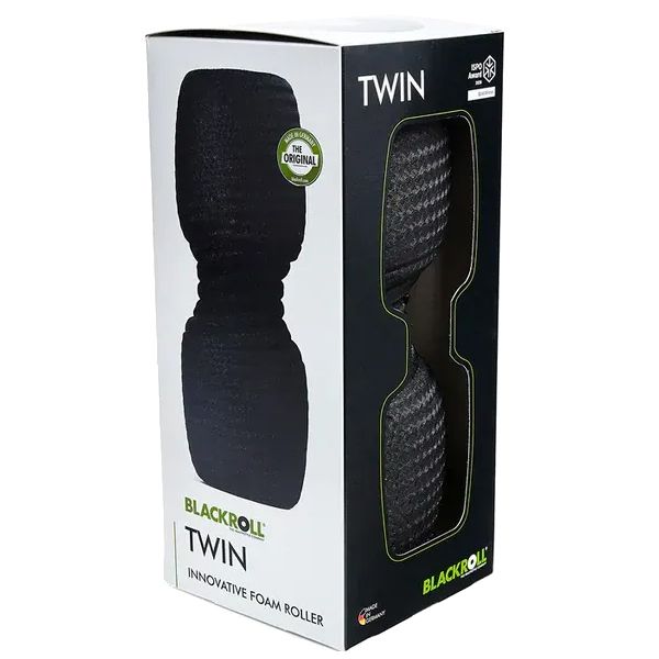 Verpackung des BLACKROLL® TWIN Faszienrollers mit seitlicher Produktansicht und Text.