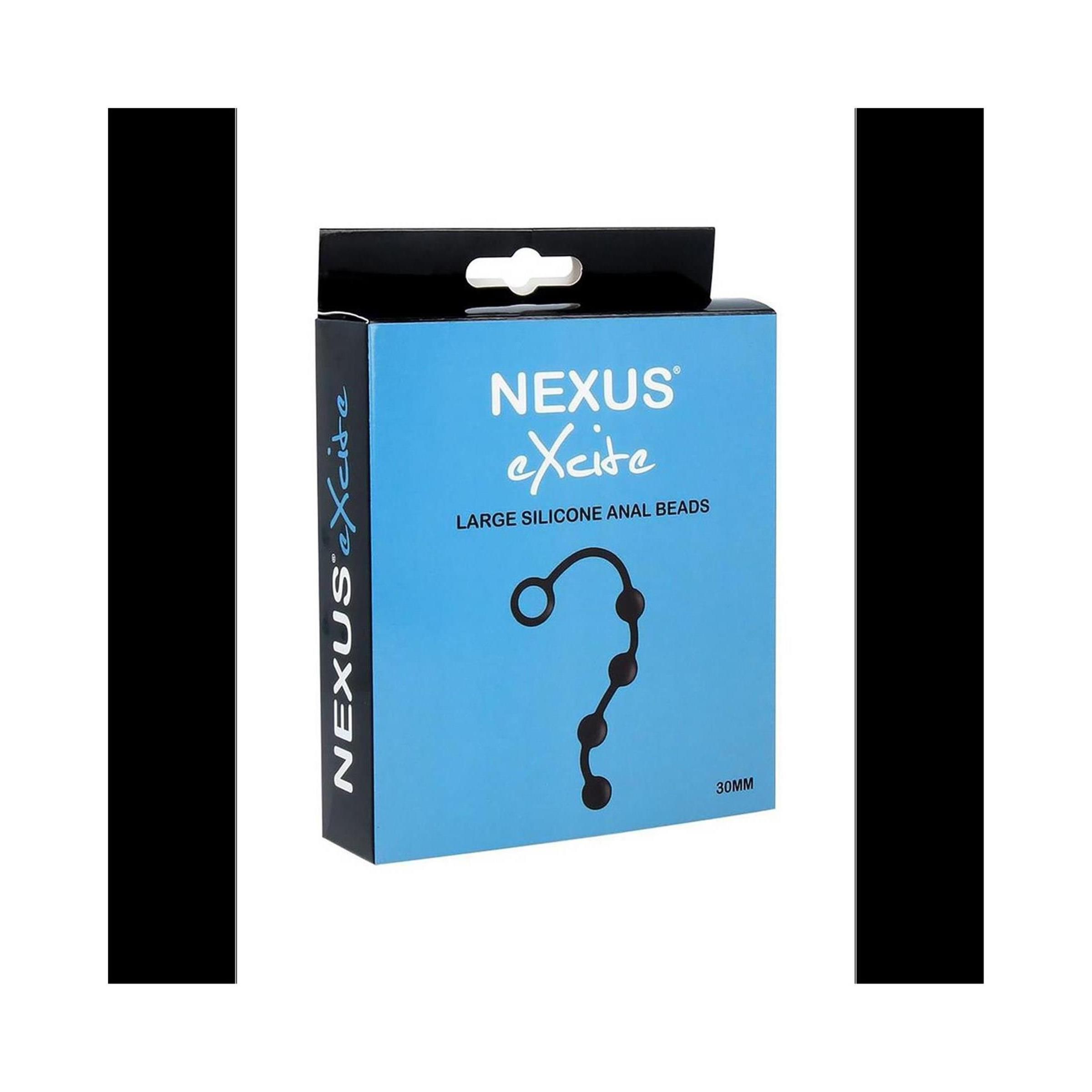Schwarze Silikon-Analperlen mit Verpackung. Aufschrift: Nexus Excite, Large Silicone Anal Beads. Blaue Schachtel.