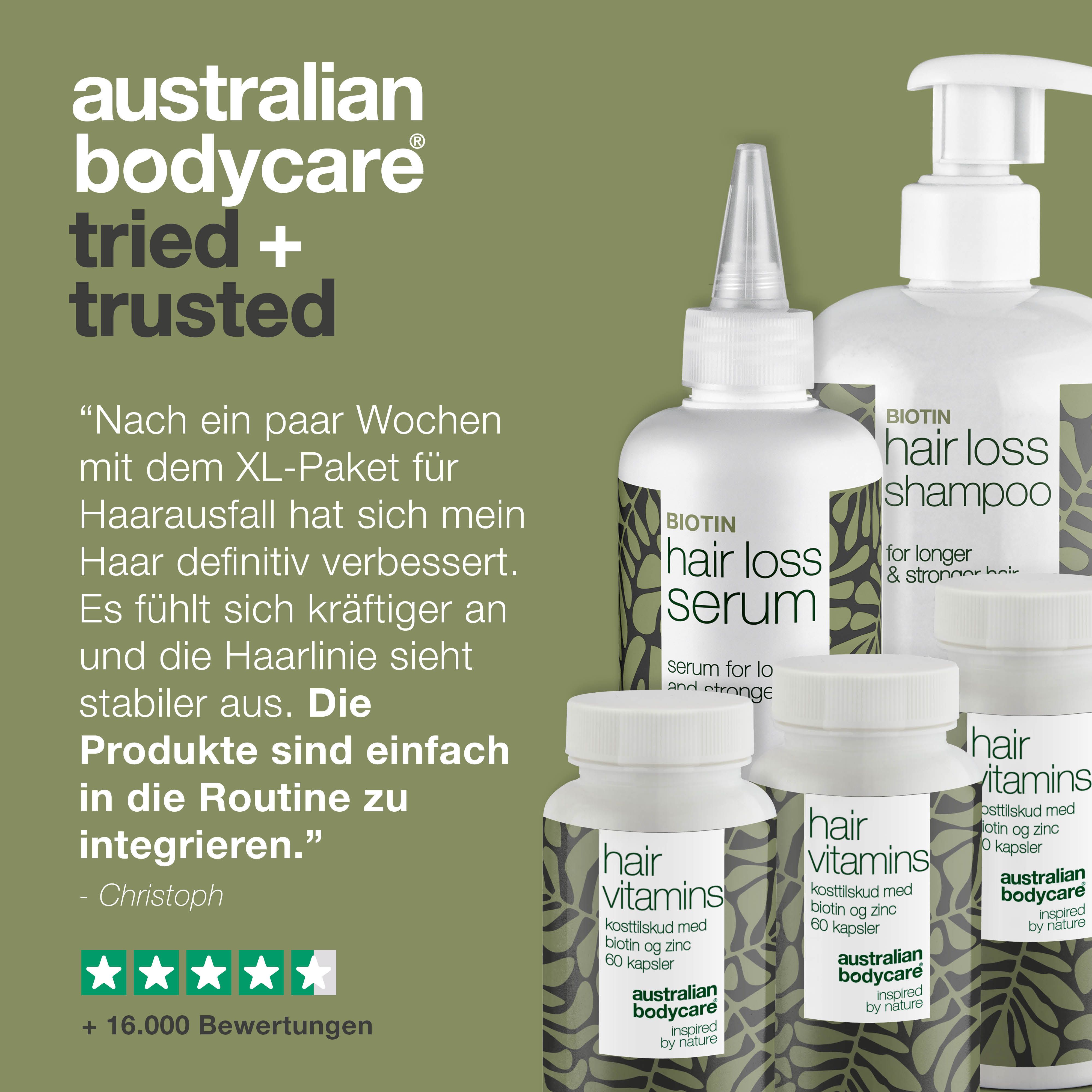 Produkte. Aufschrift: Hair Loss Serum, Hair Loss Shampoo, Hair Vitamins. Marke: Australian Bodycare. Text: Tried + Trusted.
