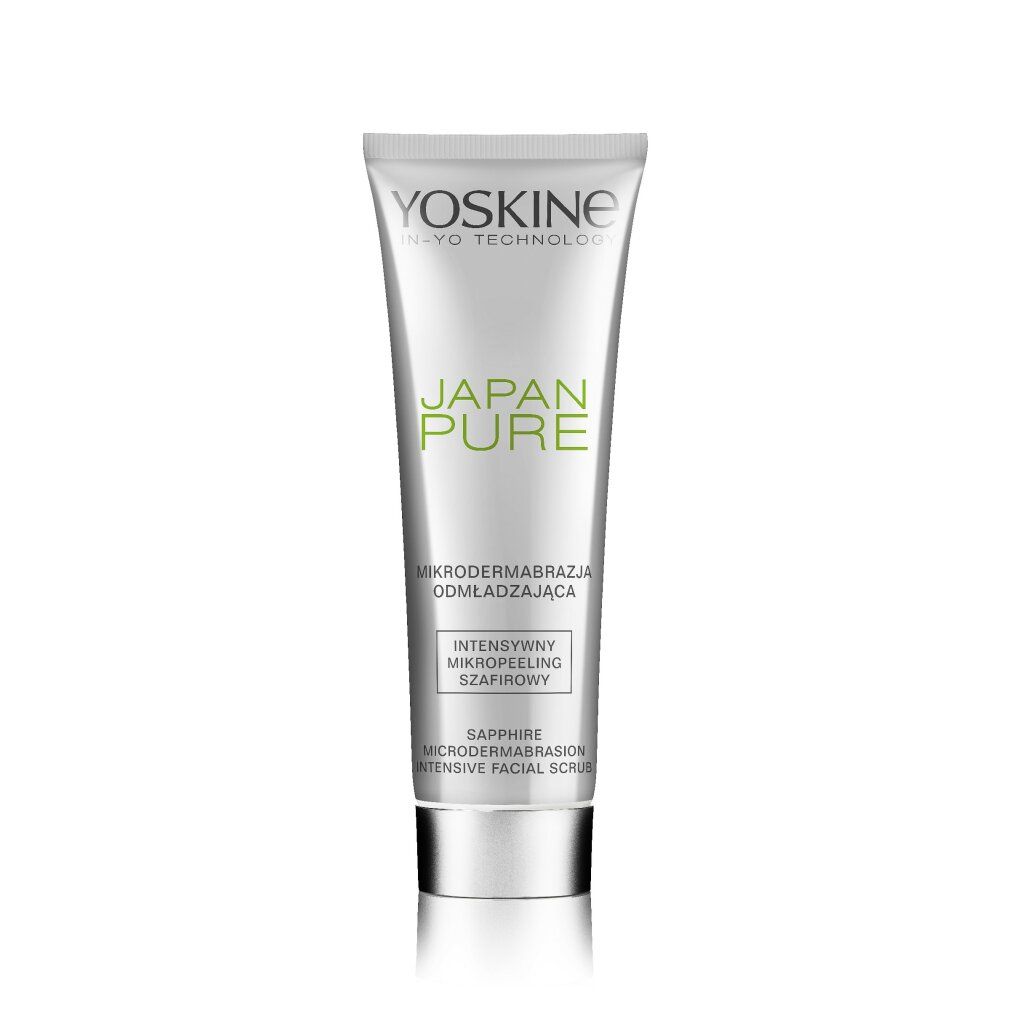 Creme-Tube mit Produktnamen Yoskine Japan Pure. Text: Mikrodermabrasion, Mikro-Peeling, Saphir. Silberne Kappe.