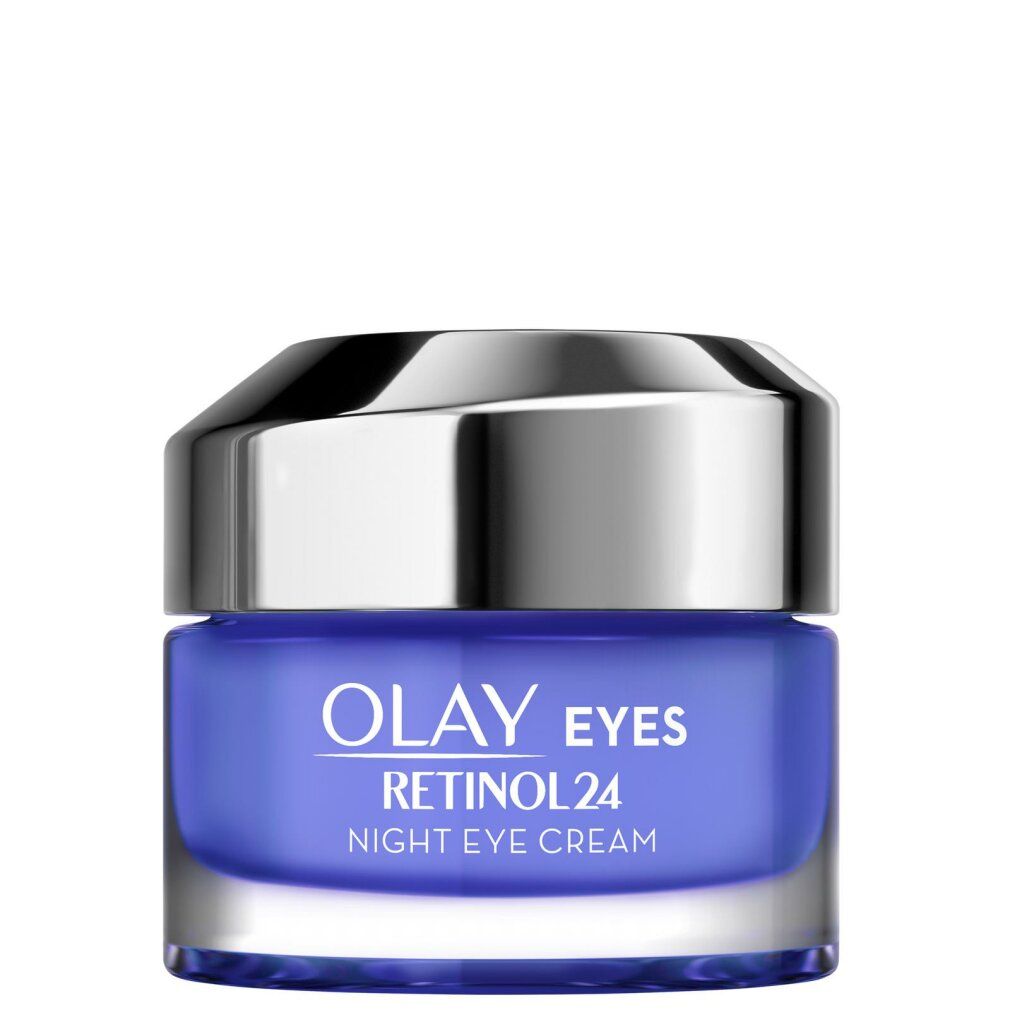 Blaues Cremeglas mit silbernem Deckel. Aufschrift: Olay Eyes Retinol 24 Night Eye Cream.