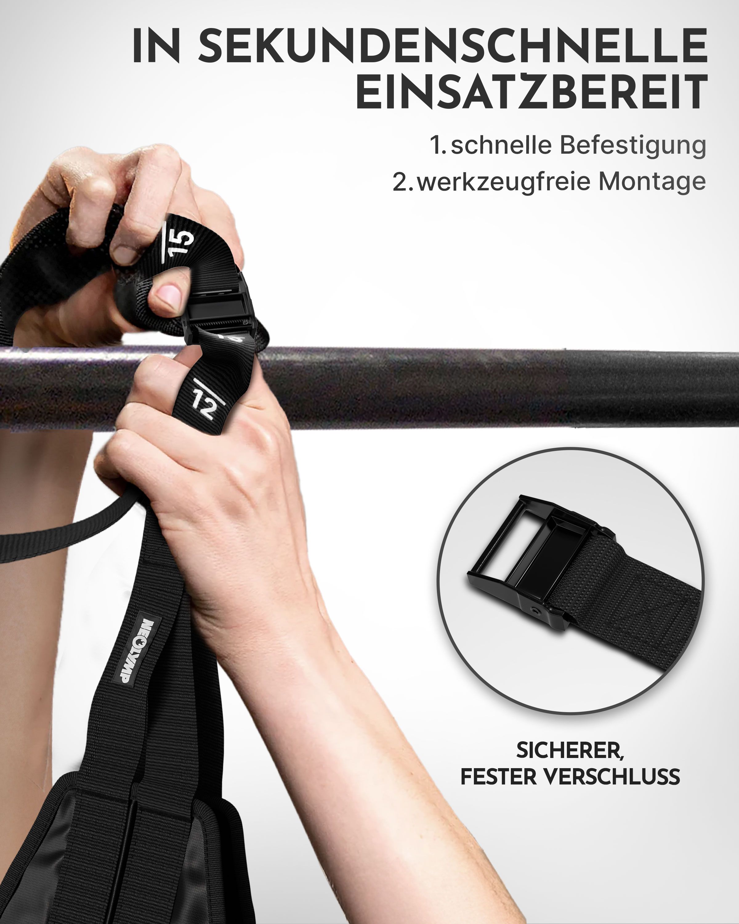 Hände befestigen NEOLYMP Bauchmuskelschlaufen an einer Stange. Sicherer Verschluss, werkzeugfreie Montage.