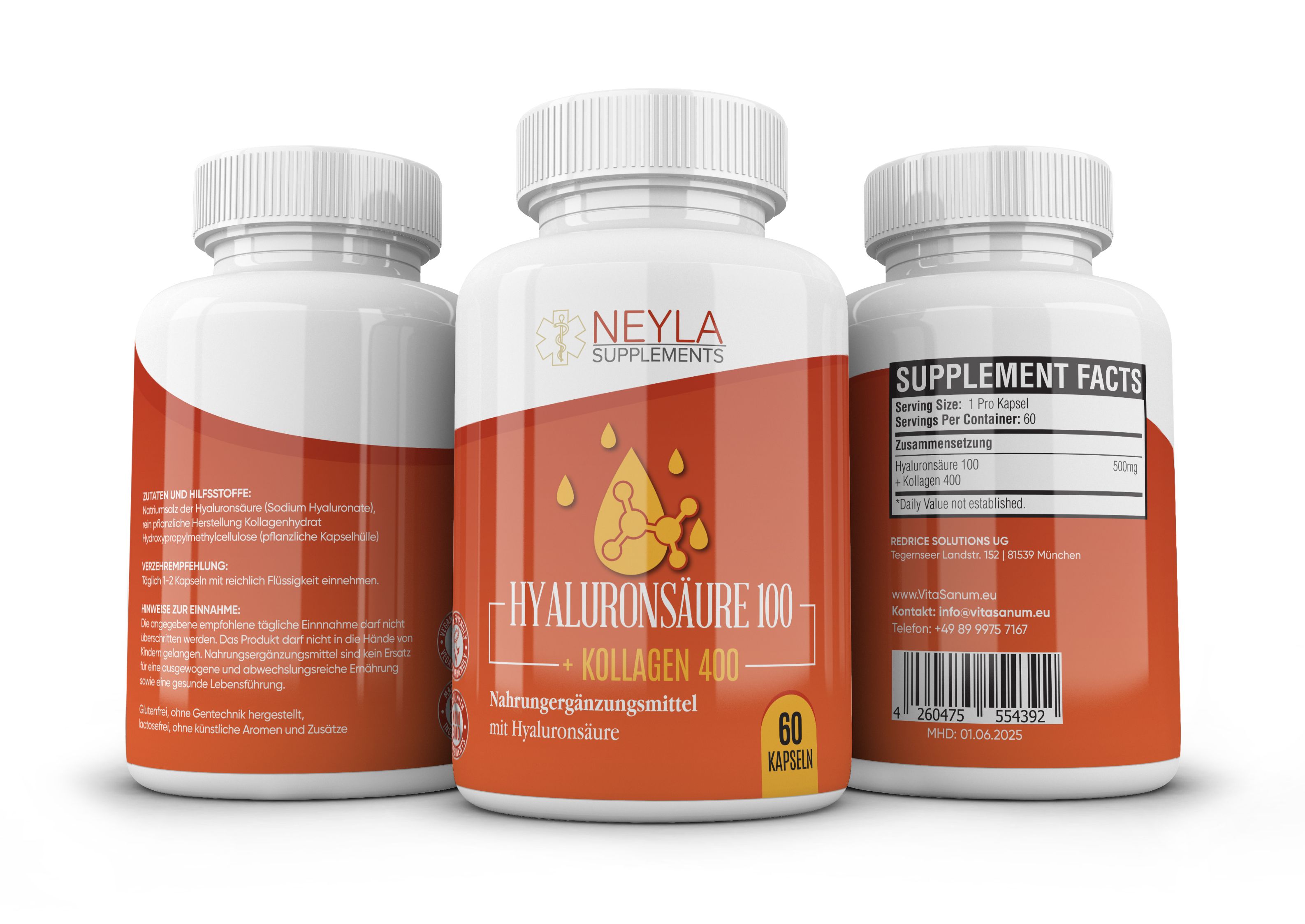 Drei weiße Flaschen mit orangefarbenen Etiketten. Auf den Etiketten steht "NEYLA Supplements", "Hyaluronsäure 100 + Kollagen 400" und "60 Kapseln".