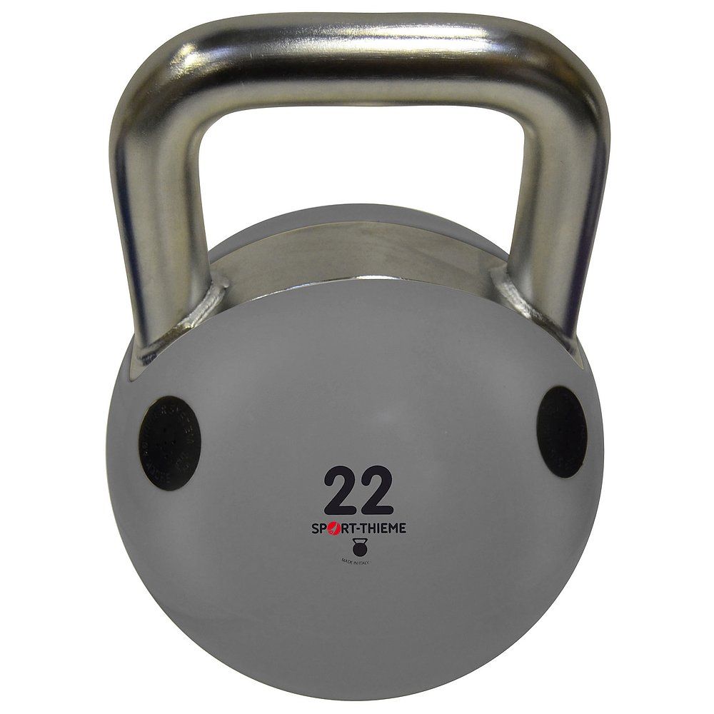 Graue Kettlebell mit 22 kg Gewicht und silbernem Griff. Zeigt Sport-Thieme Logo.