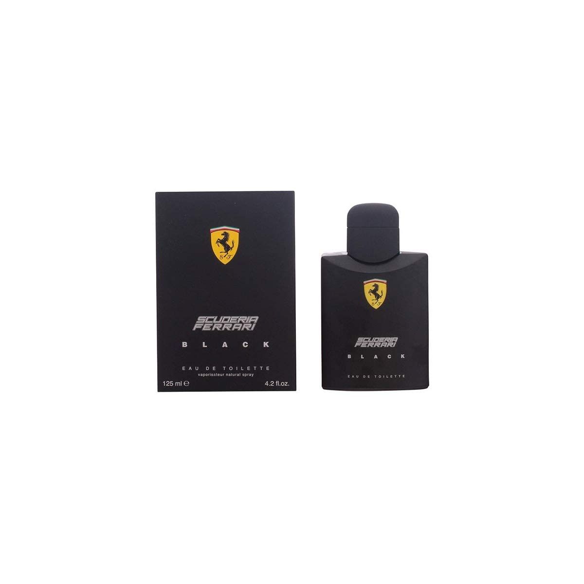 Schwarze Verpackung und Flakon. Scuderia Ferrari Black Eau de Toilette. Gelbes Logo. 125 ml.