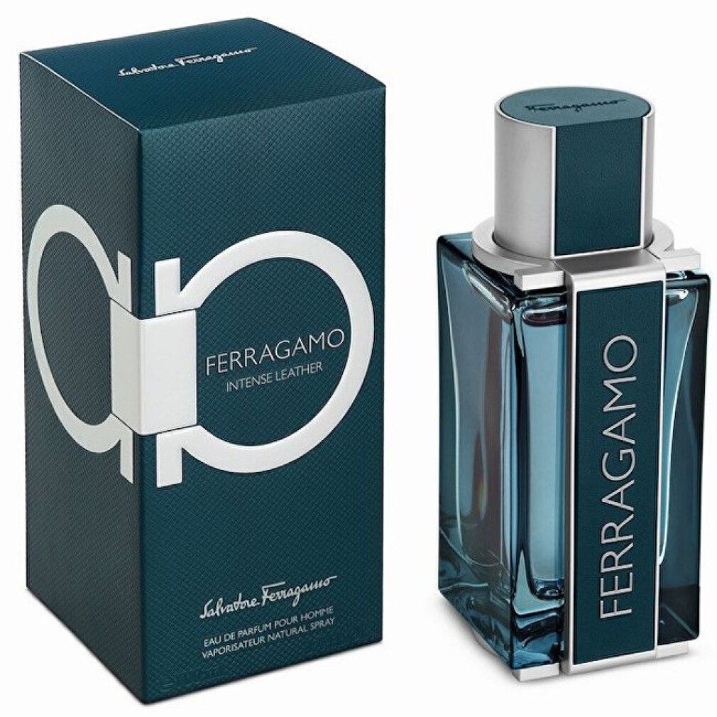 Ferragamo Intense Leather Eau de Parfum Flakon und Verpackung, dunkelblau.