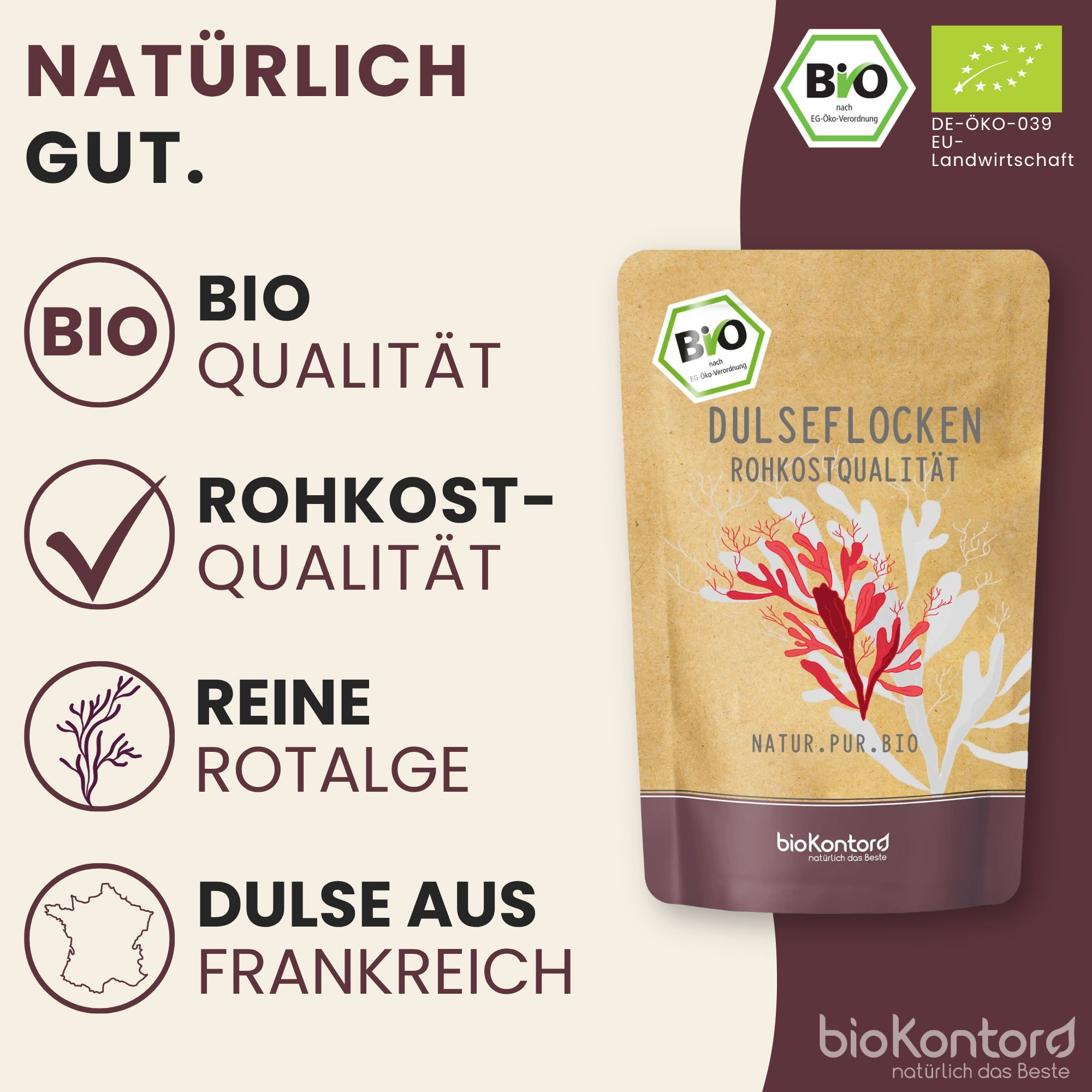 Bio-Kontor Dulseflocken Rohkostqualität: Bio, Rohkost, Reine Rotalge, Dulse aus Frankreich.