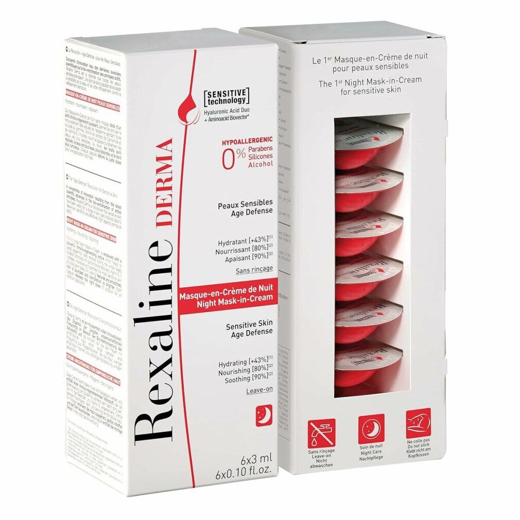 Zwei Kartons mit Rexaline Derma Night Mask-in-Cream. Eine Packung zeigt einzelne, rote Kapseln. Text: Sensitive Skin Age Defense.