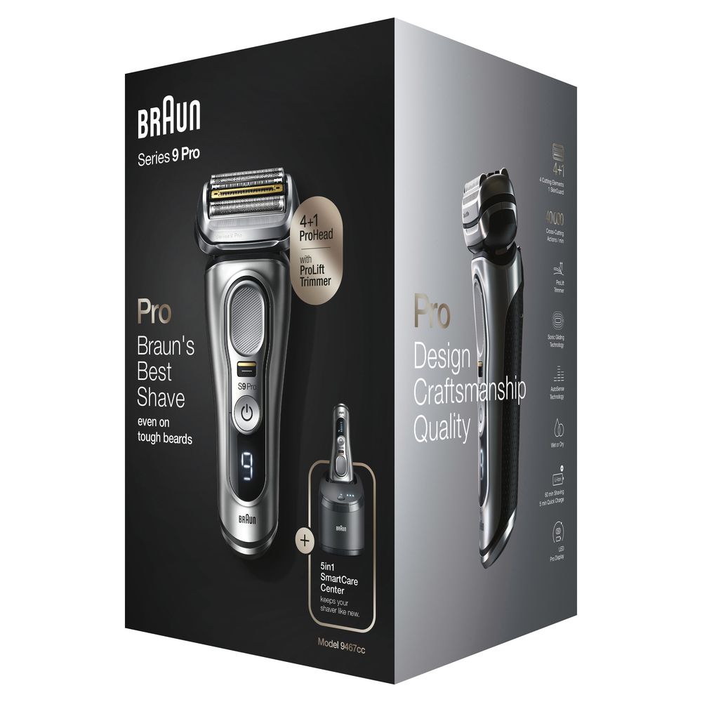 Verpackung des Rasierers. Auf der Verpackung steht "Braun Series 9 Pro". Der Rasierer ist abgebildet.