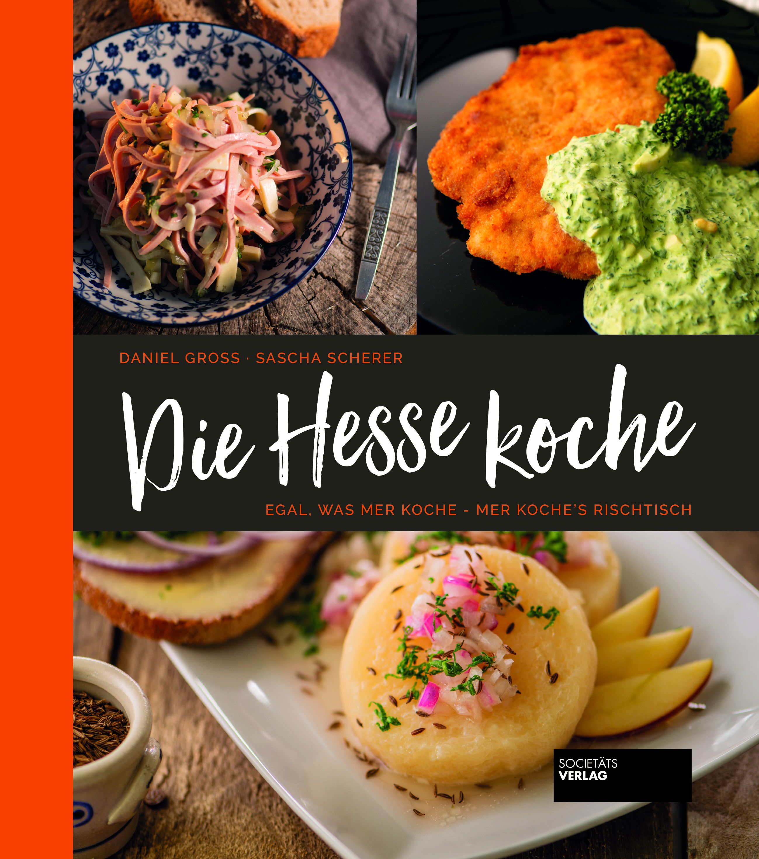 Buchcover mit dem Titel "Die Hesse koche". Es zeigt verschiedene Gerichte und den Schriftzug in weißer Schrift auf schwarzem Hintergrund.