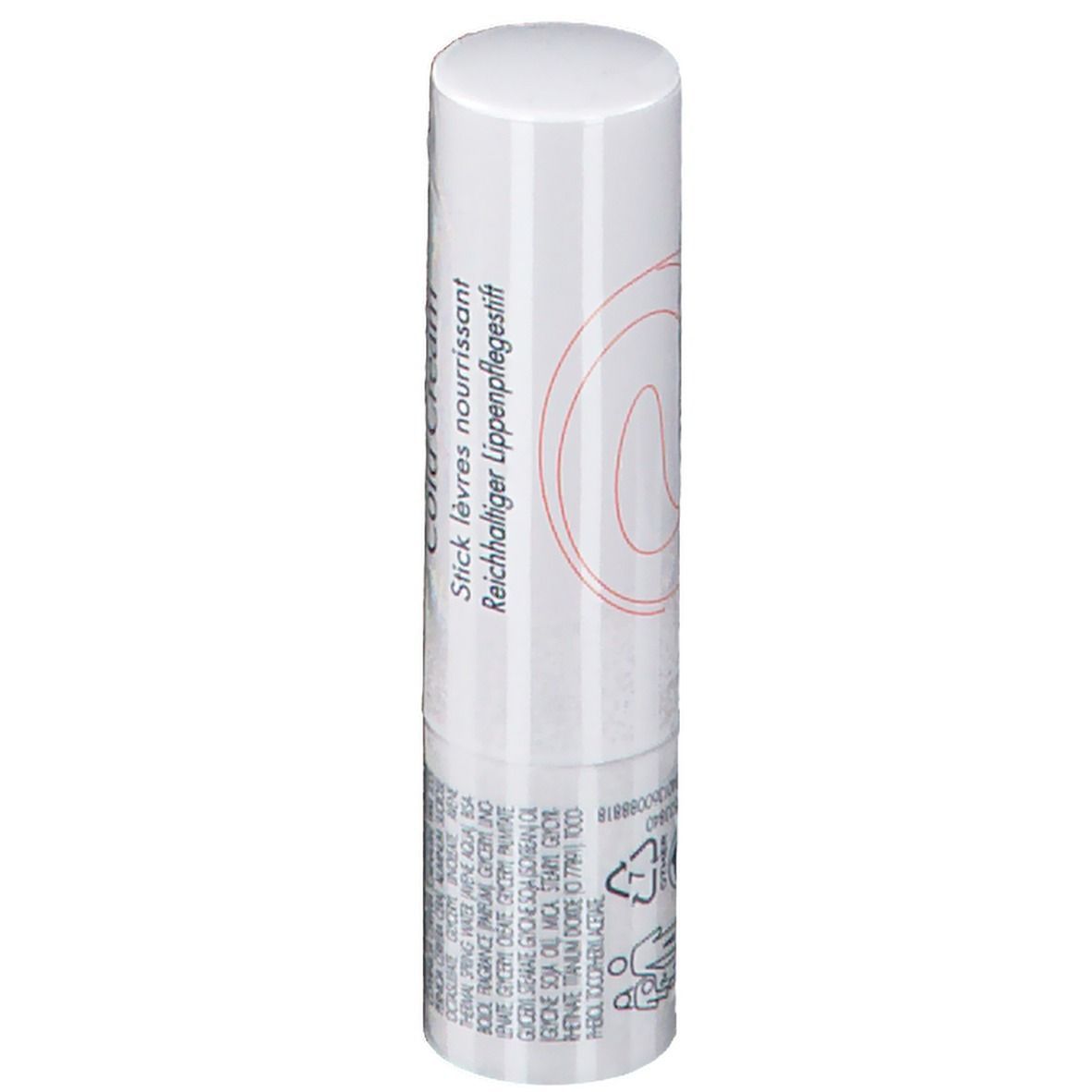 Weißer Lippenpflegestift mit orangefarbener Schrift. Text: Avène Cold Cream Reichhaltiger Lippenpflegestift.