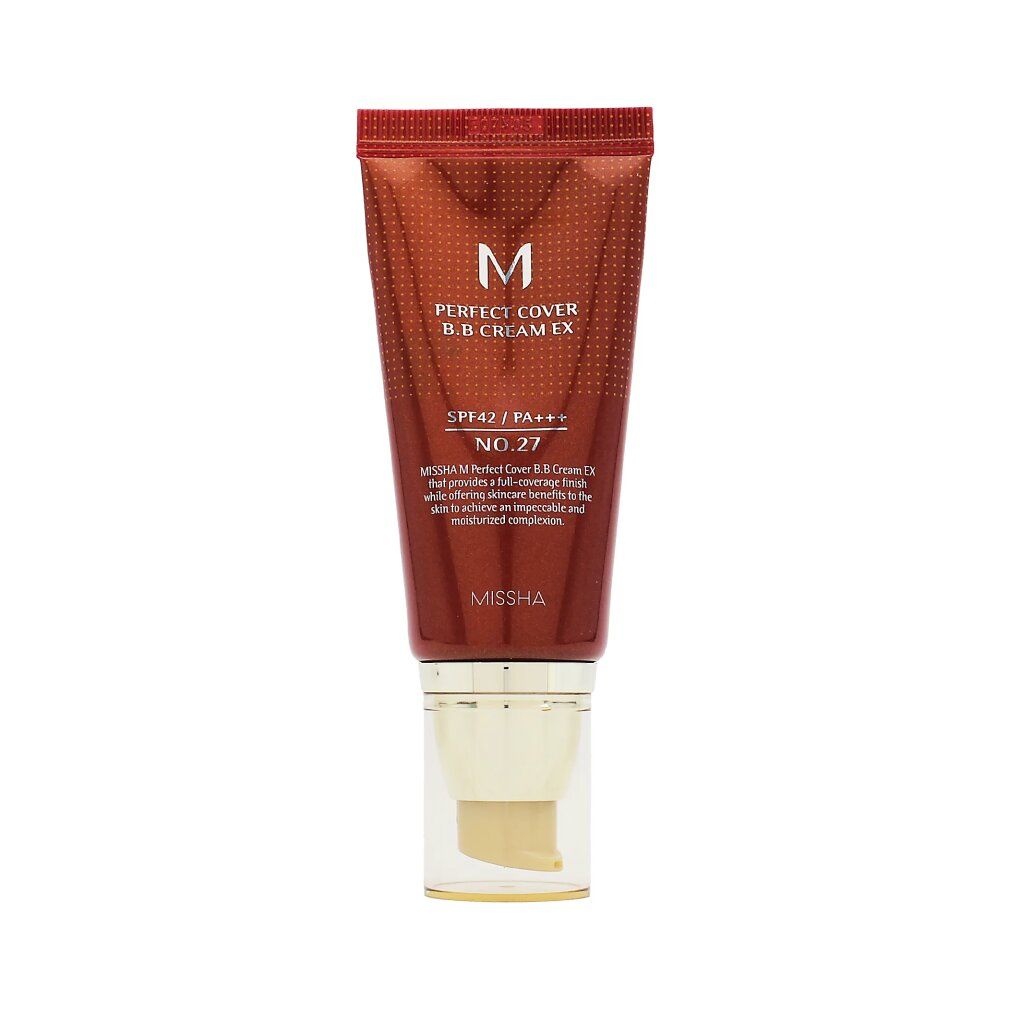BB Cream-Tube mit Aufdruck: Perfect Cover EX, SPF42 PA+++, MISSHA. Farbton #27. Produkt mit Spender.