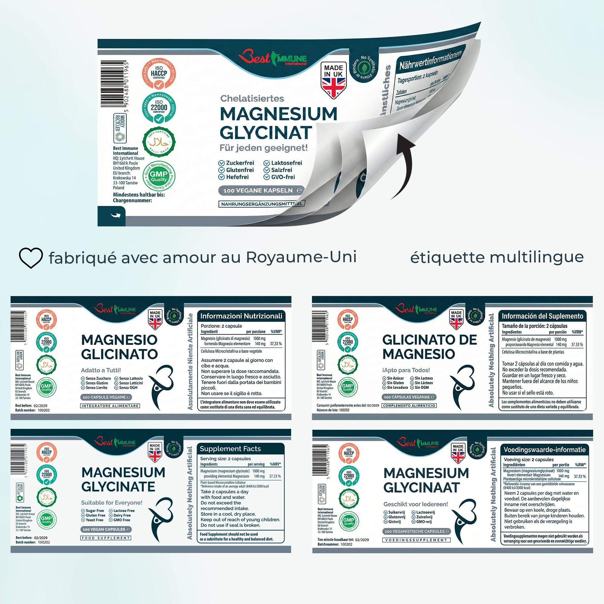 Abziehbare mehrsprachige Etiketten für Magnesiumglycinat-Flaschen.