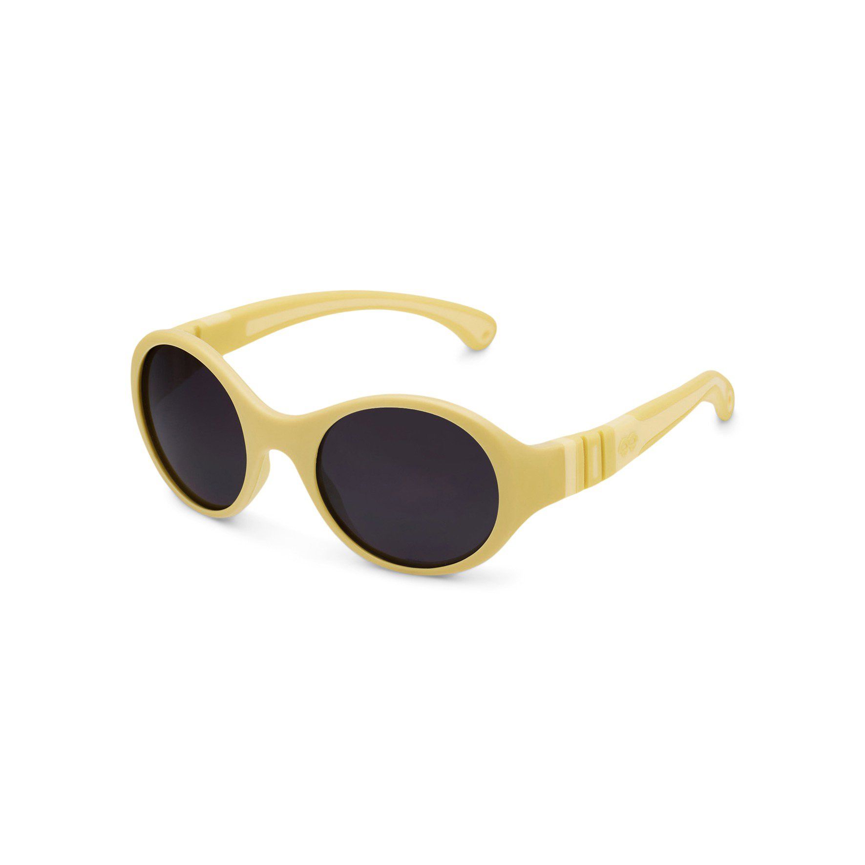 Gelbe Sonnenbrille für Kinder. Runde Gläser mit dunklen Gläsern. Seitenansicht.