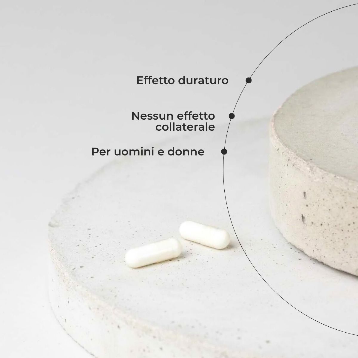 Due capsule su una superficie. Testo: Effetto duraturo, nessun effetto collaterale, per uomini e donne.