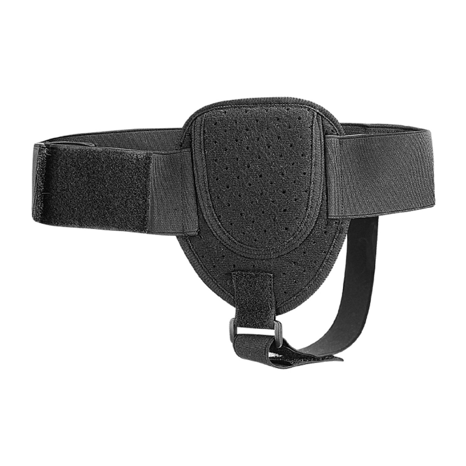 Der Leistenstützgürtel, flach ausgebreitet. Schwarzer Gürtel mit Klettverschluss und Schrittriemen.