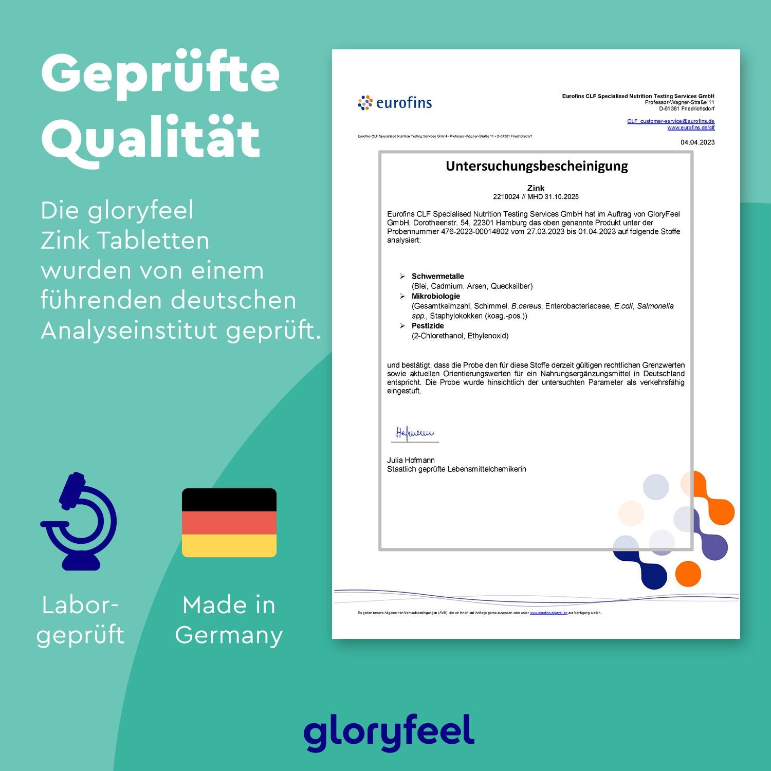 Zertifikat von Eurofins. Text: Geprüfte Qualität. Labor geprüft, Made in Germany. Logo: gloryfeel Zink Tabletten.