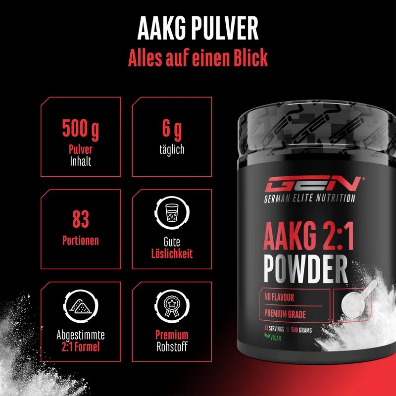 GEN AAKG Pulver: 500g Inhalt, 6g täglich, 83 Portionen, gute Löslichkeit, abgestimmte 2:1 Formel, Premium Rohstoff.