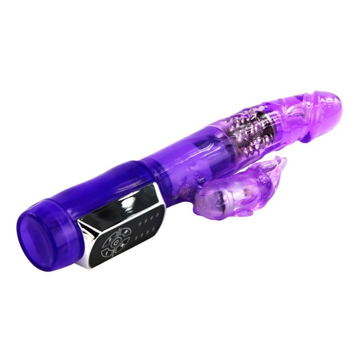 Lila Vibrator mit Bedienfeld und Kaninchenohren-Design. Transparente Elemente und silbernes Bedienfeld.