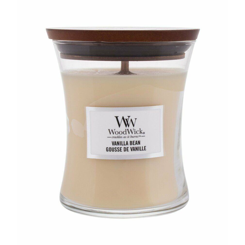 Sanduhrförmige Kerze mit Deckel. Aufschrift: WoodWick, Vanilla Bean.
