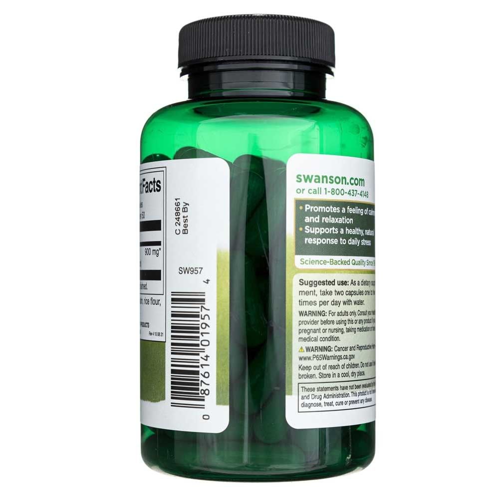 Seitenansicht einer grünen Flasche mit Ashwagandha-Kapseln, zeigt Etikettendetails.