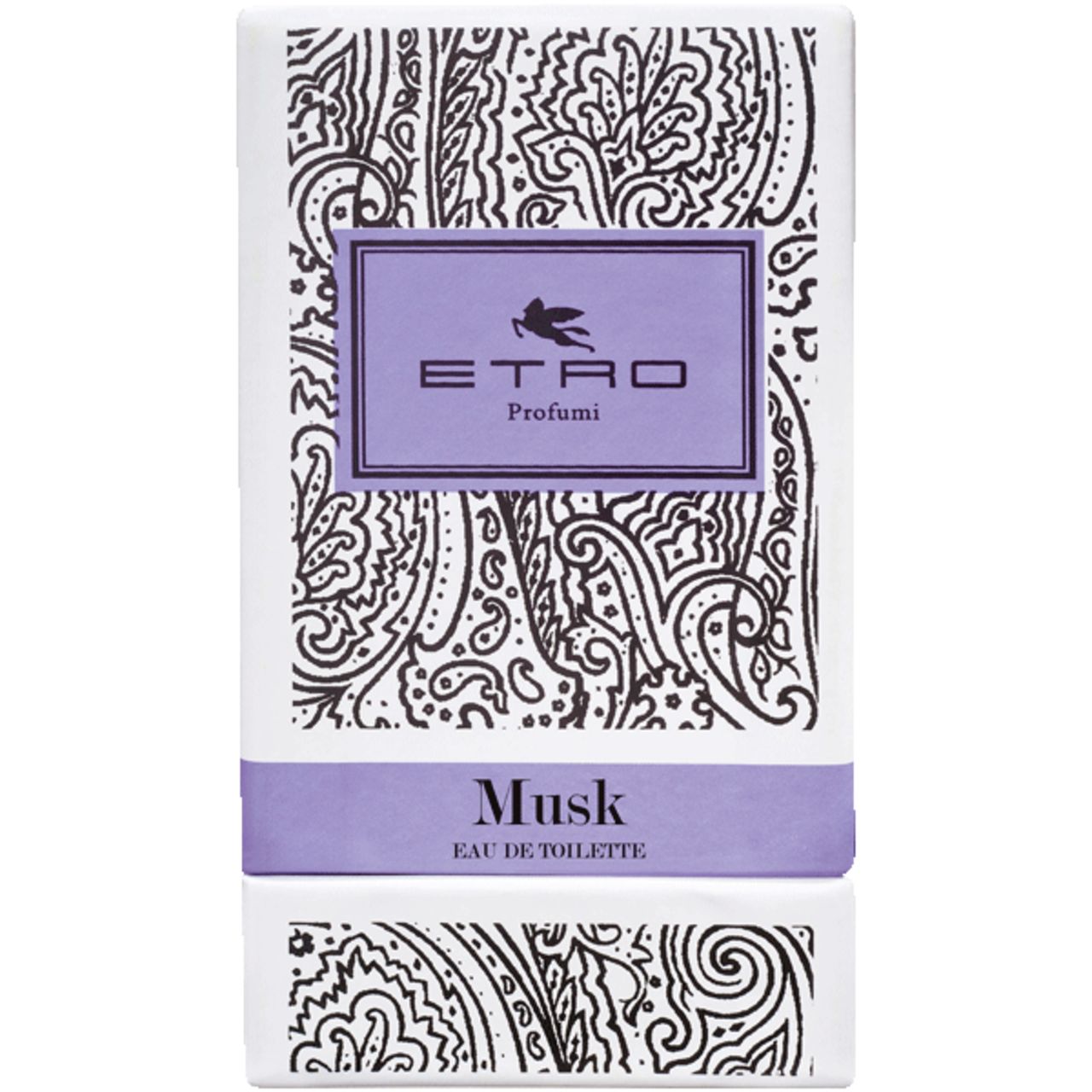 Verpackung von Etro Musk Eau de Toilette. Weiß mit lila Akzenten und Paisley-Muster. Logo und Produktname.