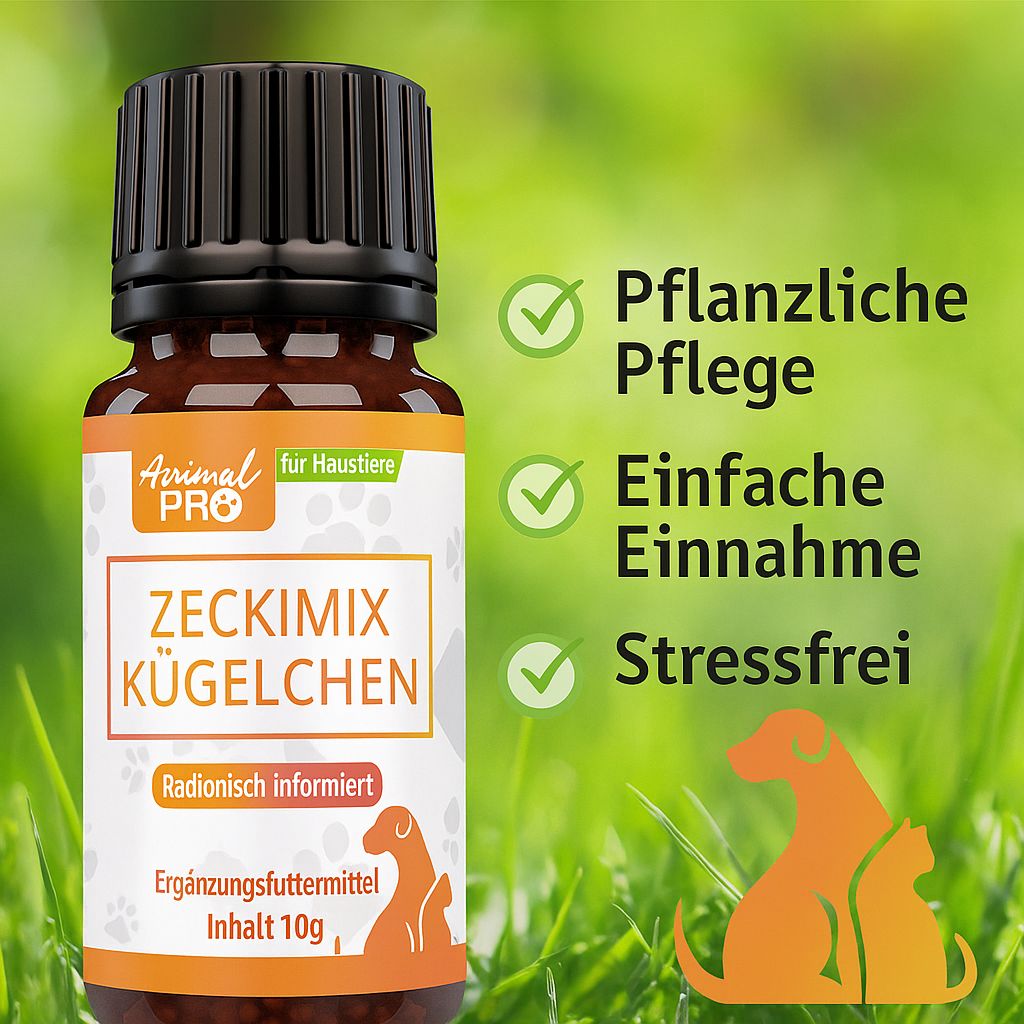 Braune Glasflasche mit schwarzem Deckel. Etikett mit Produktnamen Zeckimix Kügelchen, Marke Animal Pro, für Haustiere. Grün im Hintergrund.