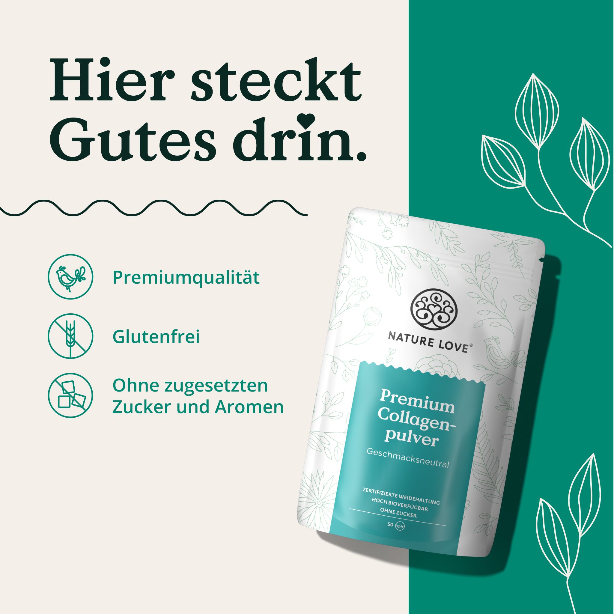 NATURE LOVE® Premium Collagen Pulver - 500g Kollagen - Peptide Type 1 und 3 - Geschmacksneutral