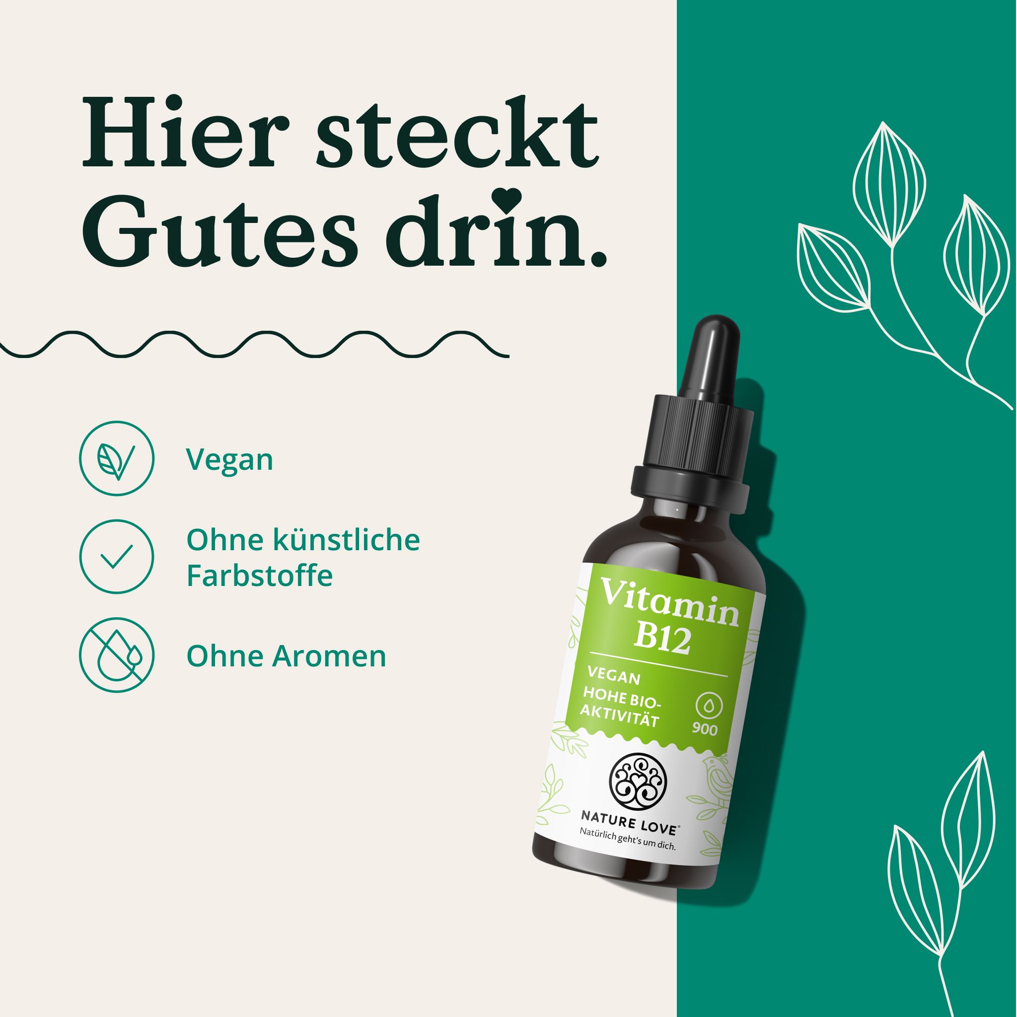 Flasche NATURE LOVE Vitamin B12, vegan, ohne künstliche Farbstoffe und Aromen.